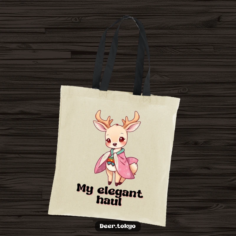 Funny tote bag with a graceful deer in a vibrant kimono bowing playfully, perfect for carrying items with stylish humor.
