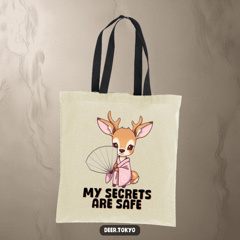 Funny tote bag featuring a curious deer in a pastel kimono, peeking coyly from behind a fan, ideal for shopping and daily errands.