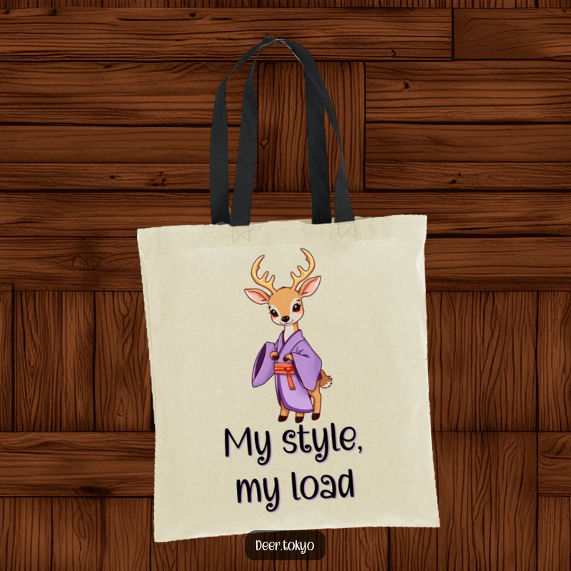 Funny Purple Kimono Deer Tote Bag: A deer in a purple kimono with flowing sleeves, perfect for stylish and functional carrying.