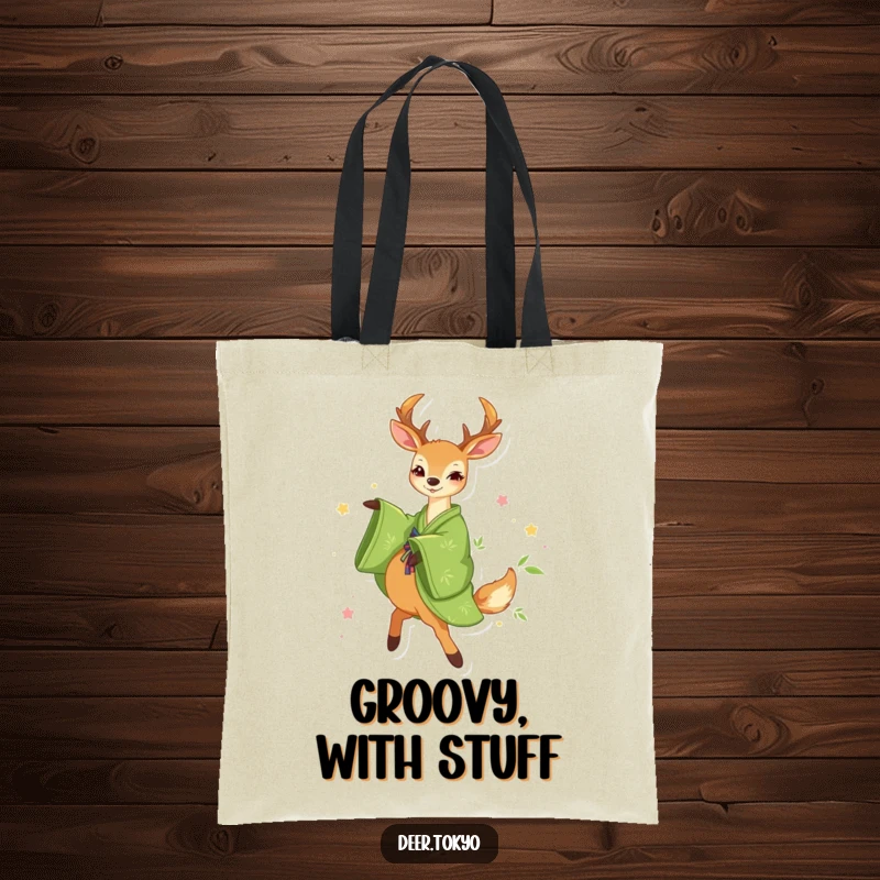 Funny Green Kimono Deer Tote Bag: A deer in a green kimono with bamboo patterns happily twirls, a stylish and funny accessory.